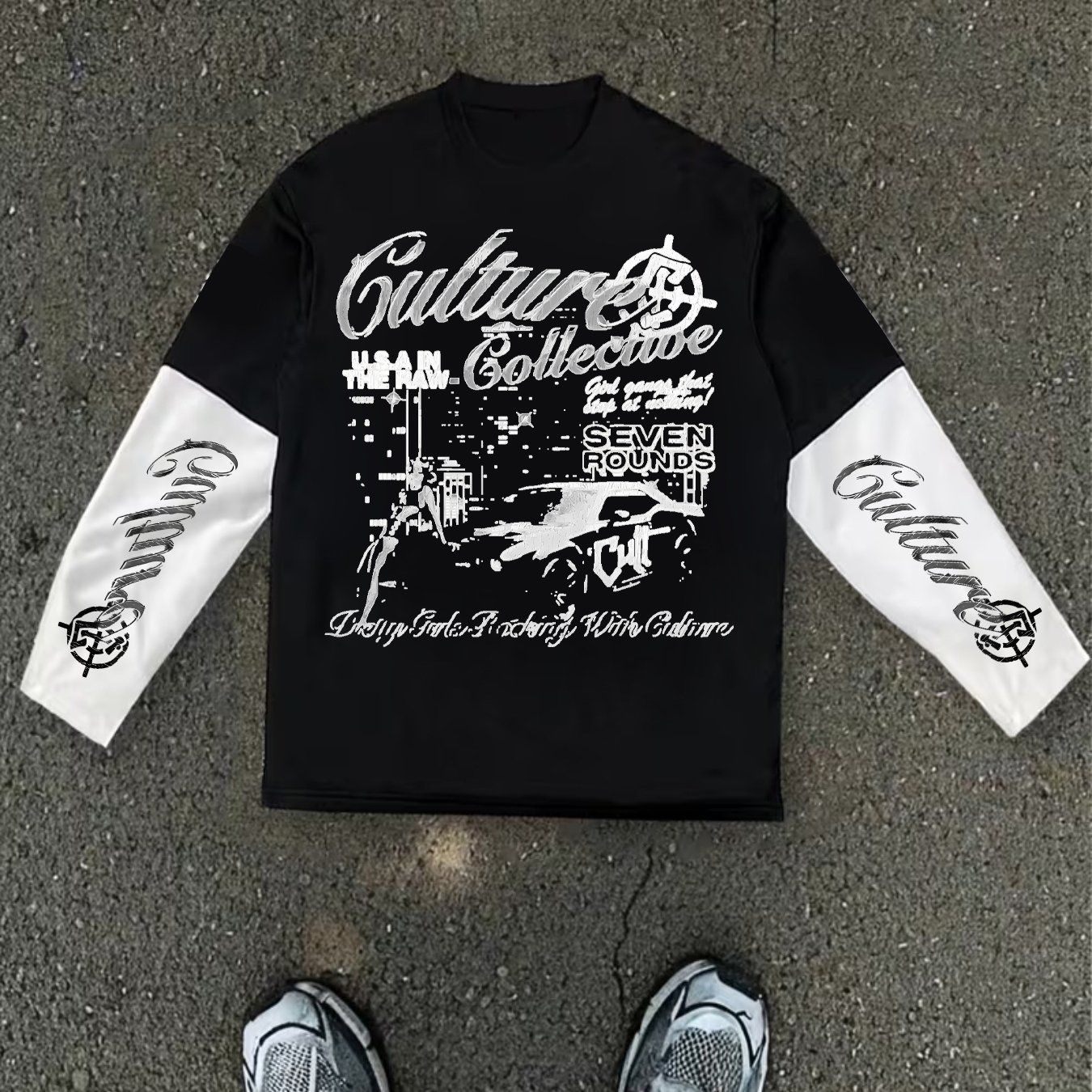 TEMU Vintage Graffiti Cursive Script Color-block 2-in-1 Look Long Sleeve T-shirt Base Layer Top