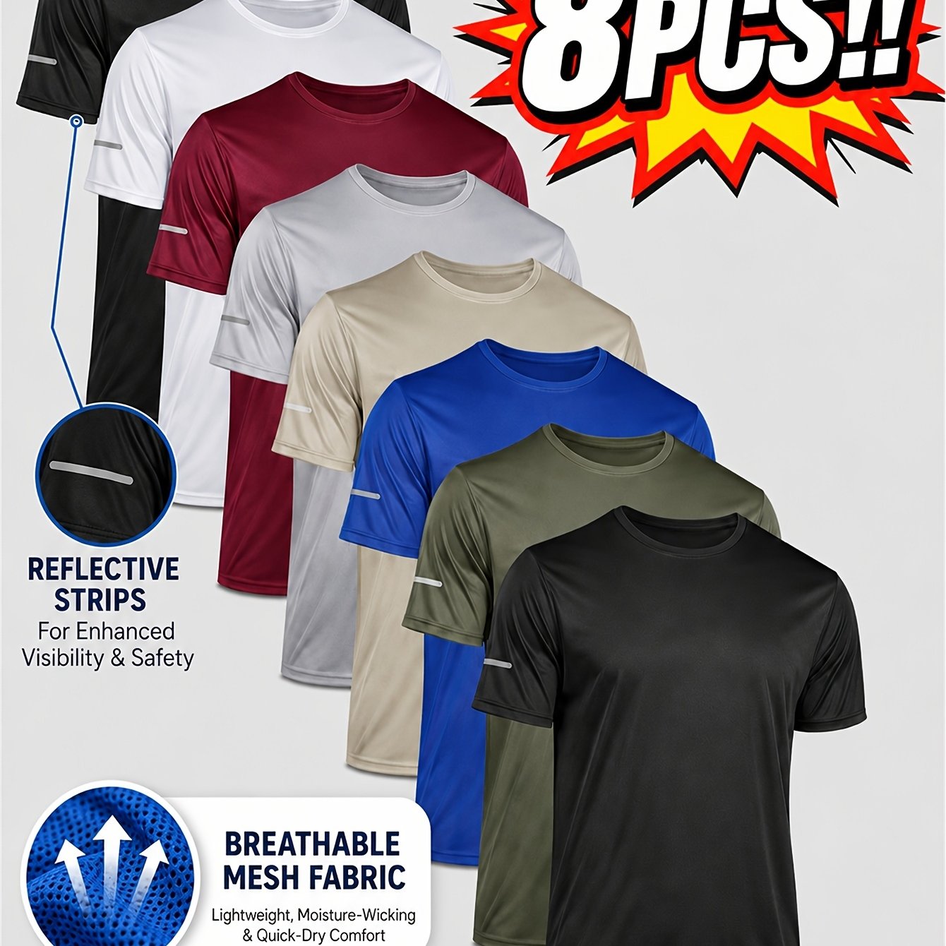 8pcs Men's Quick-dry Breathable Workout T-shirts - Solid Color Crew Neck Short Sleeve Tees For Running, Gym & Outdoor Activities, Machine Washable Summer Activewear, Gifts, Workout Clothes, Tee