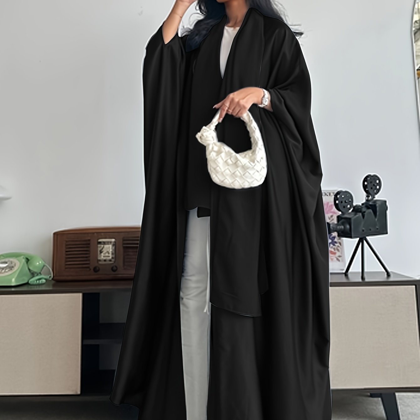 TEMU Middle Eastern Solid Color Loose Robe With Batwing Sleeves, Long Dubai Cardigan With Headscarf