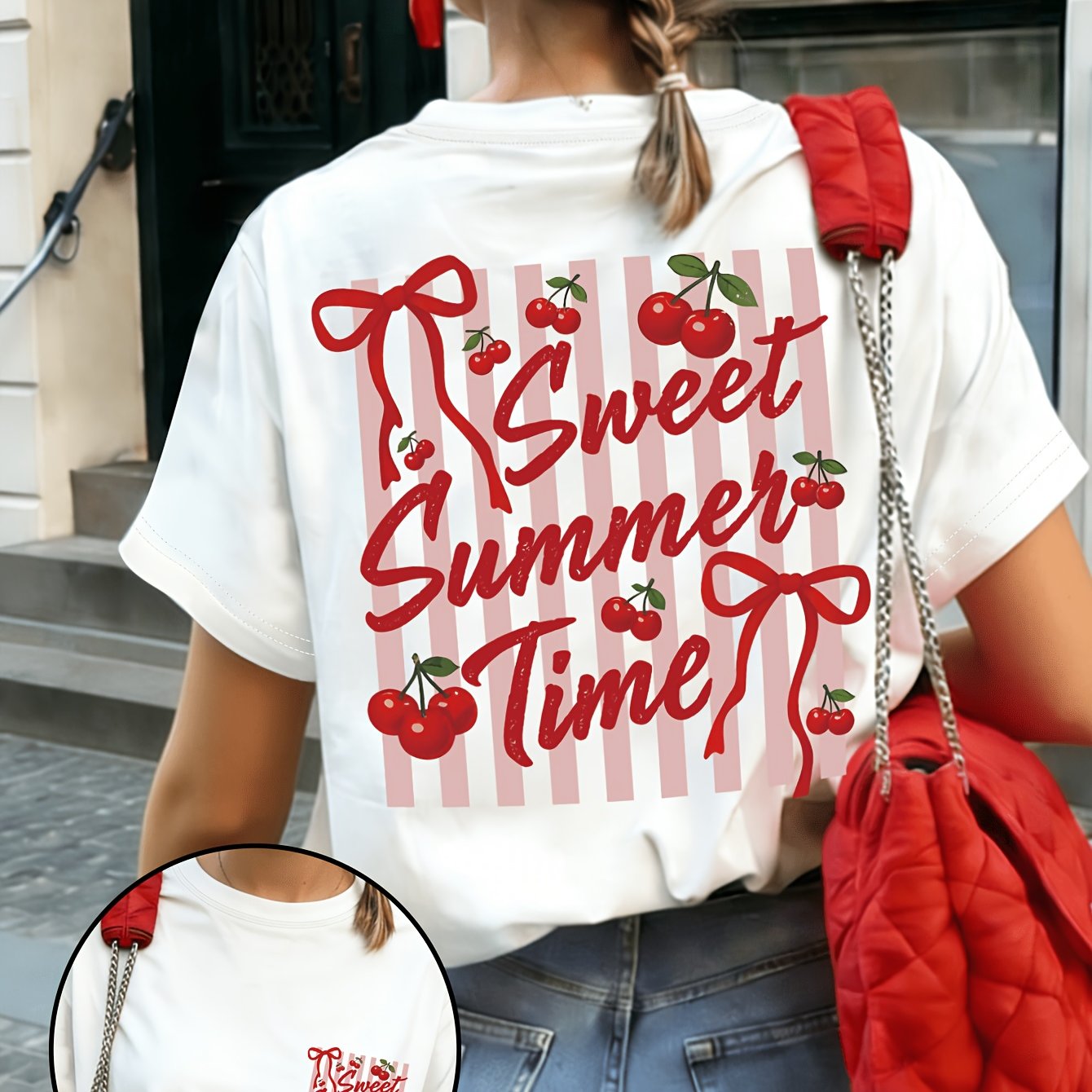 TEMU Women's Crew-neck T-shirt - Floral And Cherry Summer Top. New Arrival For , Featuring Breathable Fabric And A Regular Fit. Perfect For Everyday