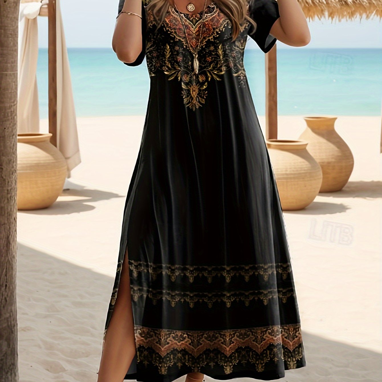 Elegant And Slit Print Round-neck Short-sleeve Maxi Dress