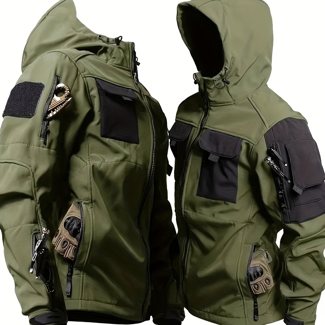 Image of Men's Outdoor Softshell Jacket, Military Style Scratch-resistant Fleece-lined Thickened Warm Hooded Windbreaker, 3-in-1 Sports Hiking, Hunting Suit