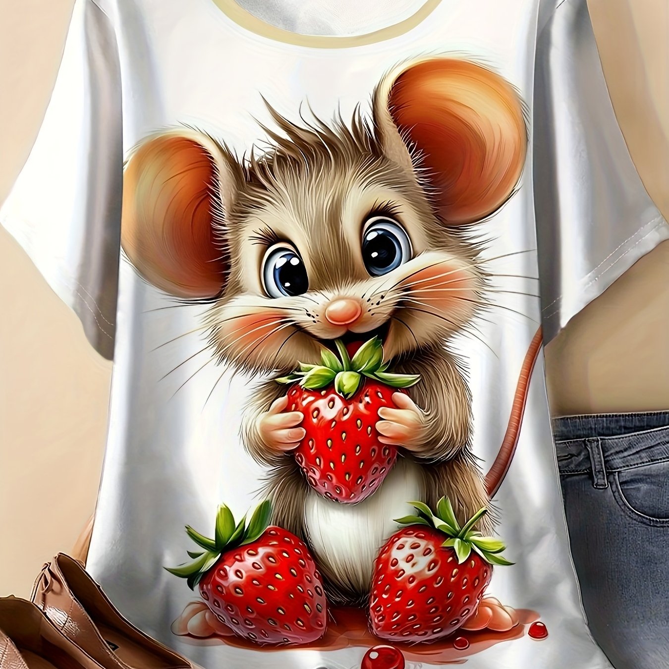 TEMU T-shirt grande taille pour femme avec imprimé petite souris + - Haut décontracté à manches courtes et col rond, design pop art vintage, confort
