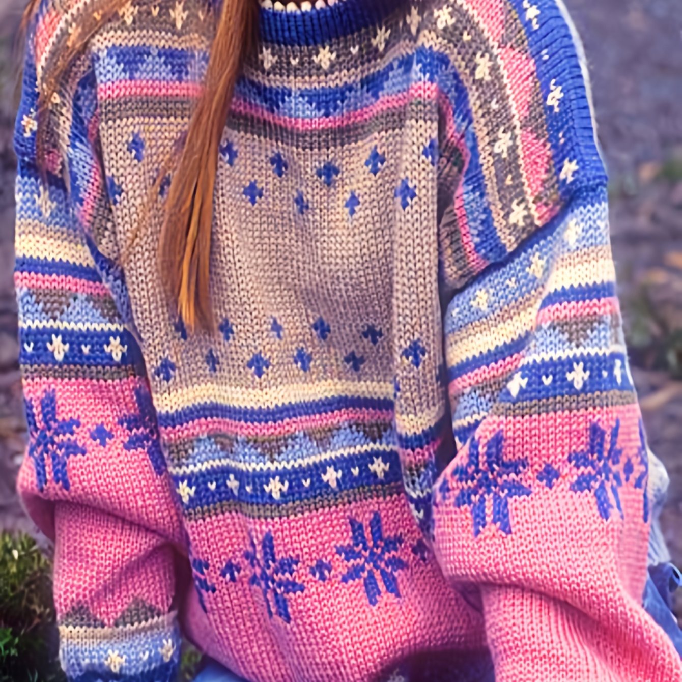 Image of Winter Women's Sweater Elegant Soft Jacquard Multicolor Snowflake Hand Crocheted Edge Comfortable Casual Retro Commuting Slim Fit Pullover Gift