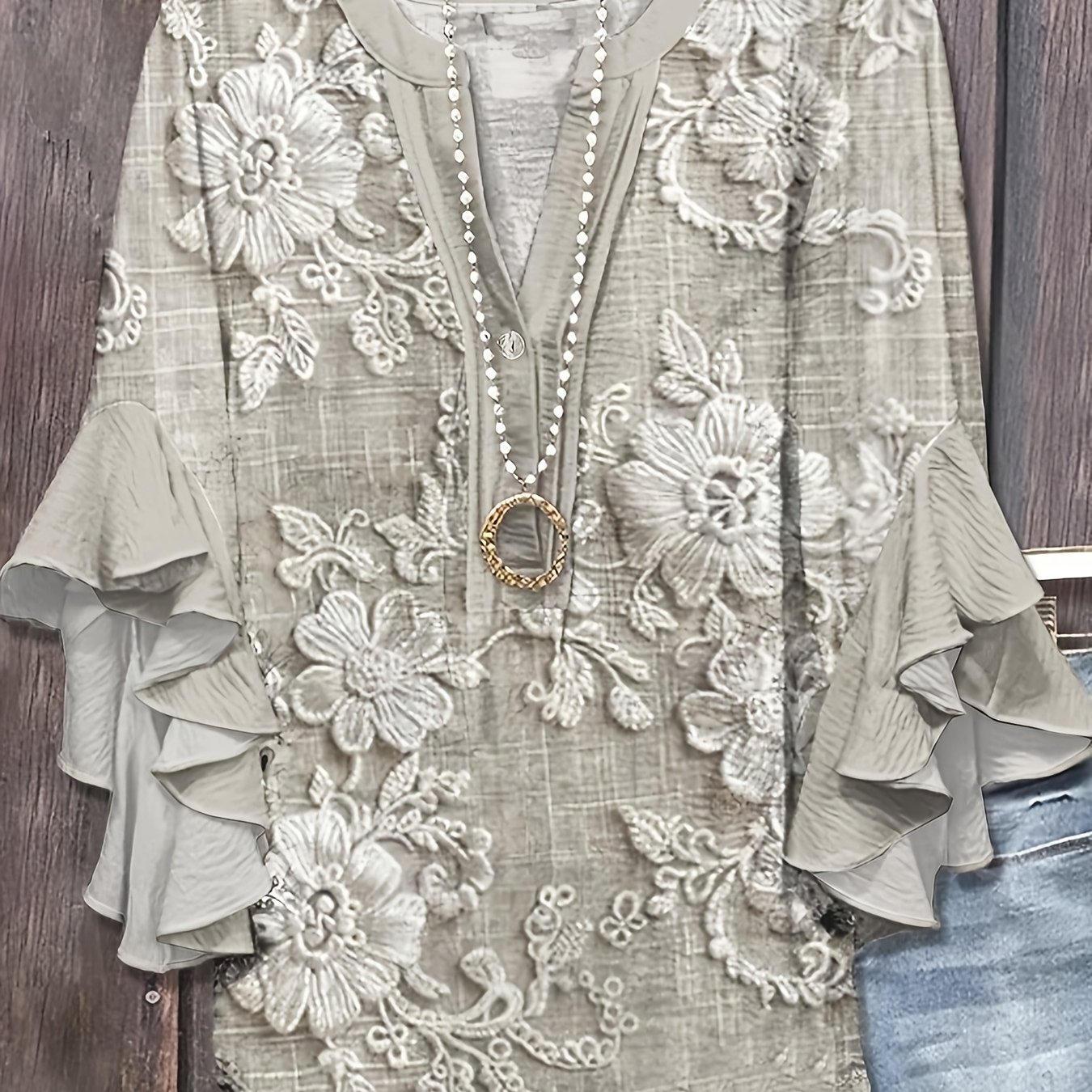 E-shop Damen Frühling/Sommer Neu Druck Pullover Shirt mit Strukturgewebe Volantärmeln