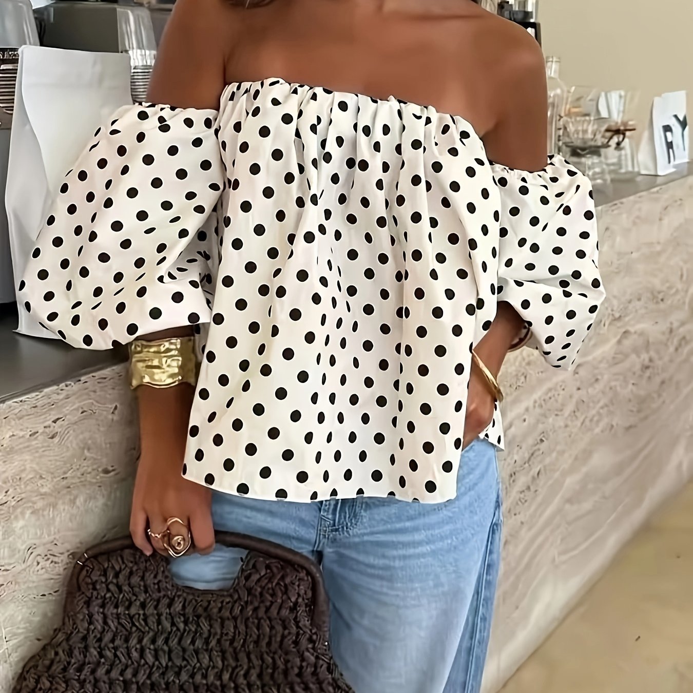 TEMU Spring Summer All-match -shoulder Off-shoulder Puff Sleeve Women's Top