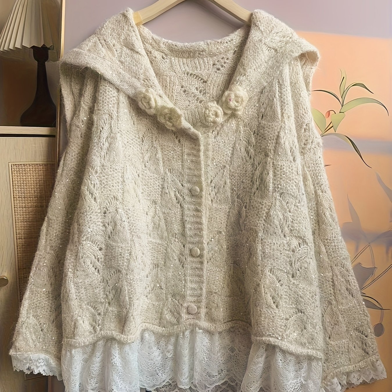 European Goods Heavy 2025 New Style Temperament Exquisite Splicing Lace V-neck Sweater Coat High-end Shawl-style Top