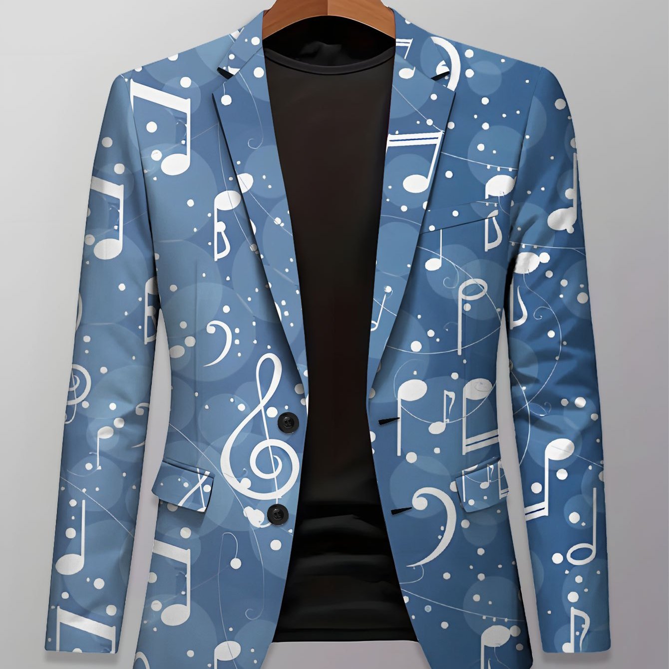 TEMU Fashionable Men's Suit Jacket With Blue And White Musical Note Background Pattern, Casual, Comfortable, And Versatile Slim-fit Men's Suit Top,