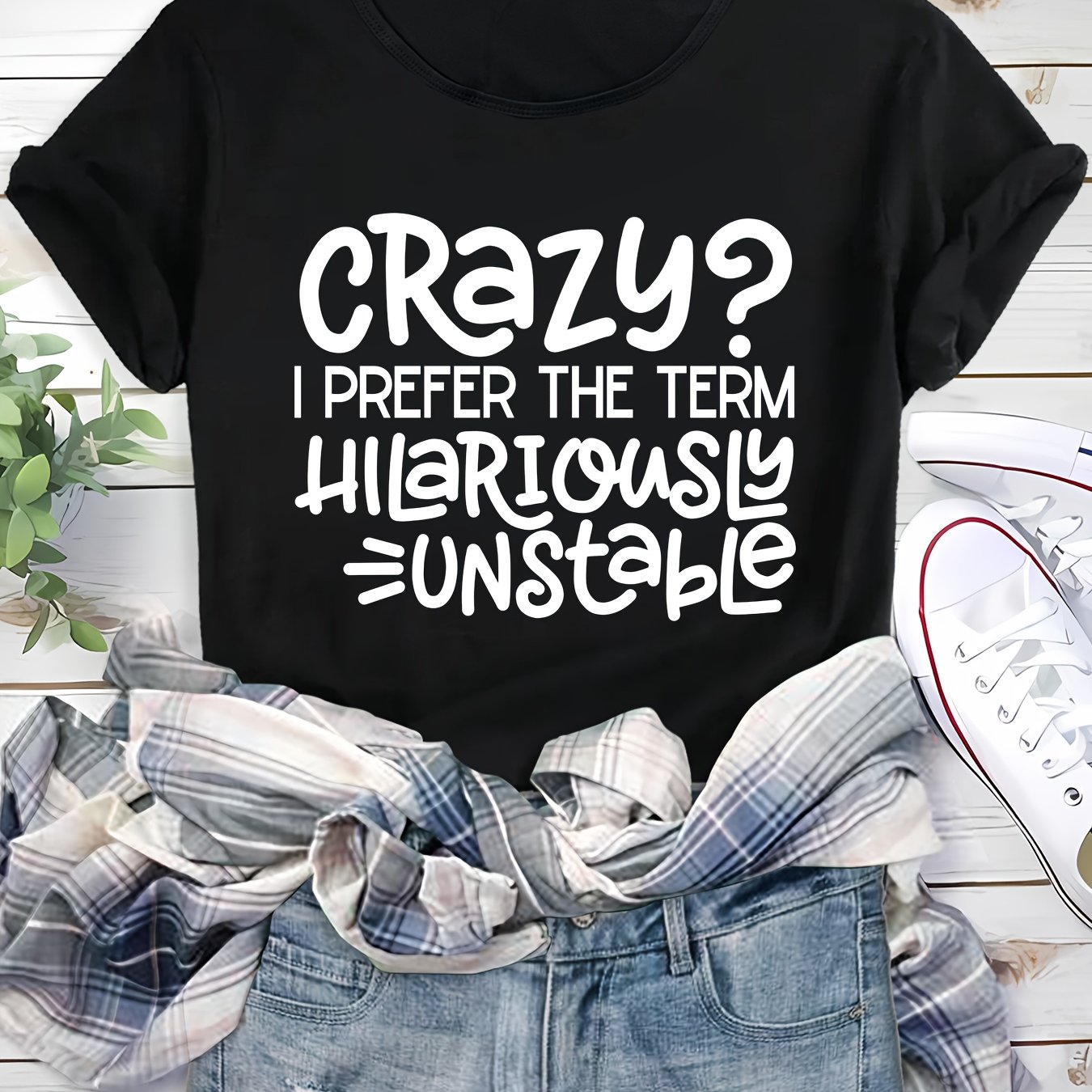 TEMU Women's Red Short Sleeve T-shirt, "crazy? I Prefer The Term Hilariously Unstable" Funny Quote, Casual Loose Fit Summer Top, Soft Breathable Fashion Tee