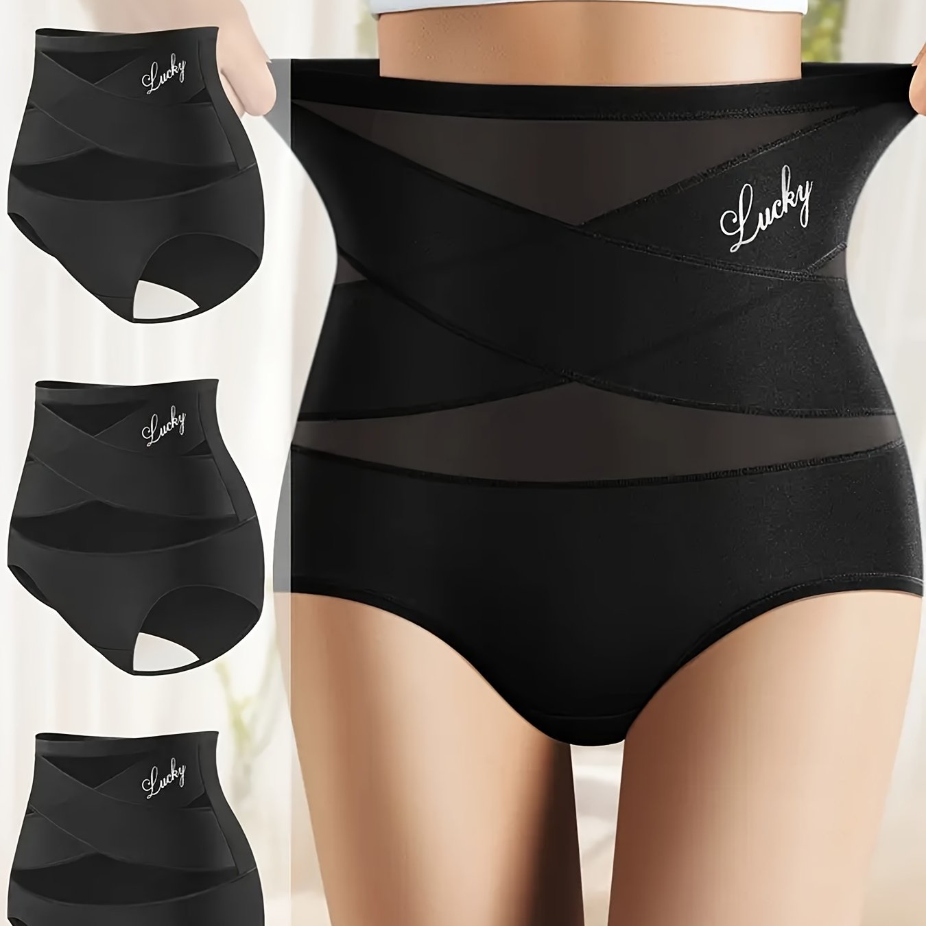 3pcs Set Of High-waisted Adjustable Underwear With Easy Cross Design And Comfortable Abdominal Control Letter Printed Underwear