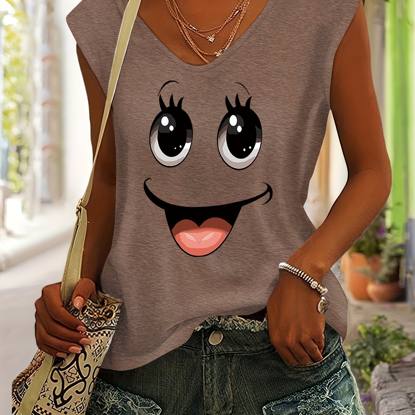 E-shop T-Shirt im Westen-Stil mit Cartoon-lächelndem-Gesicht-Aufdruck, farbig, für Frühling/Sommer, mit V-Ausschnitt, nahtlosen Schultern kurzen Ärmeln