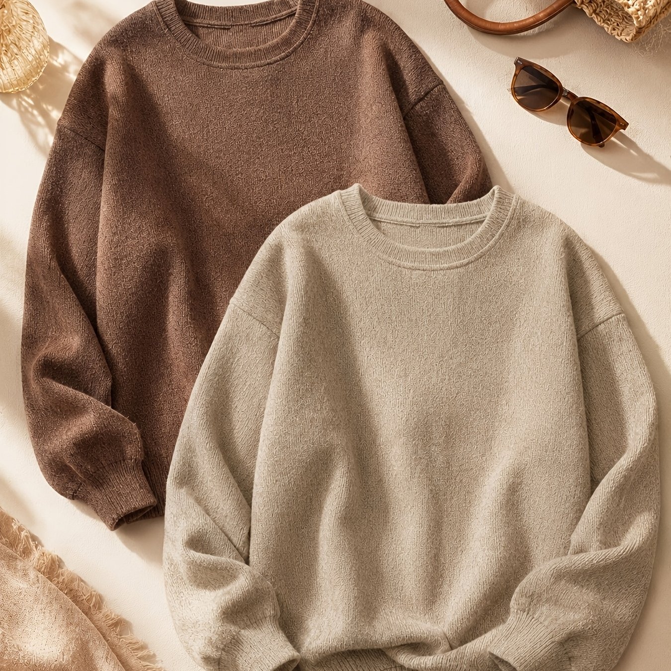 TEMU Plus Size - Women's Plus Size Solid Color Top, 2pcs Pullover, Casual And Comfortable, Versatile Winter Top