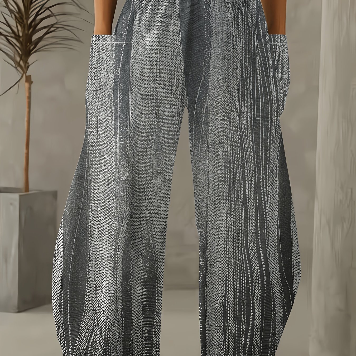 TEMU Plus Size, Women's Gray-black Distressed Water Ripple Wide-leg Pants, Summer Plus Size Loose Fit Casual Pants With Elastic Waist, Commuter Beach