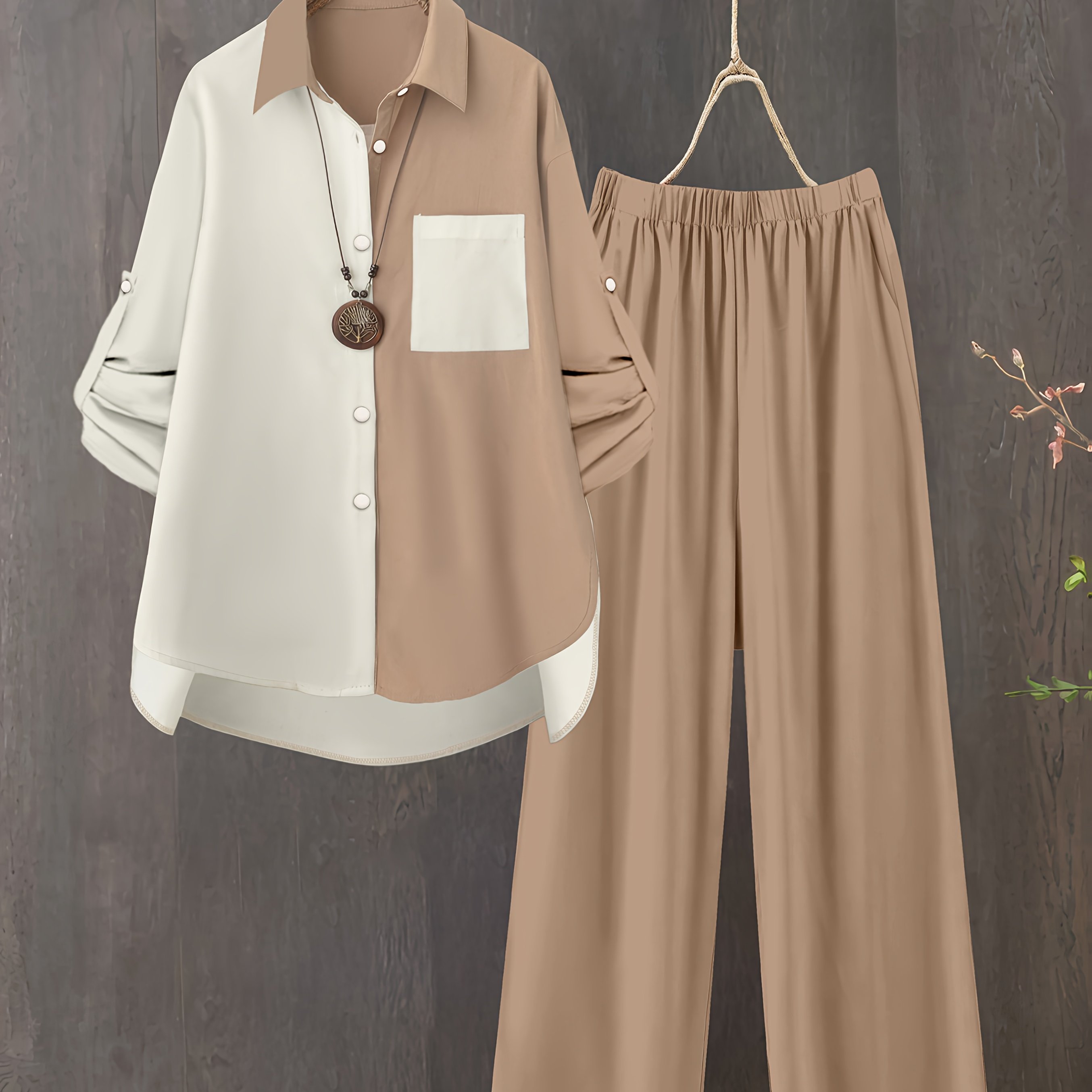 Stylish Color Block Lapel Long Sleeve Top With Casual Pants, Elegant 2pcs Set For Women
