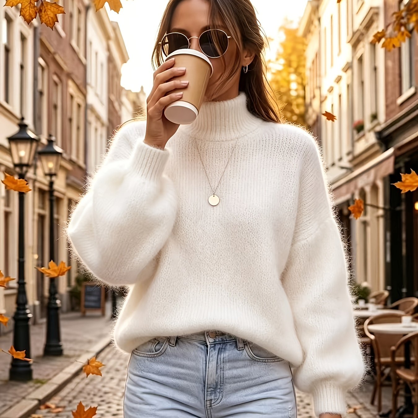 TEMU Women's High-neck Sweater For Early Autumn/early Winter And Dates, Korean-inspired Gentle And Lazy Lantern Sleeve Knitwear, Soft, Loose,, And