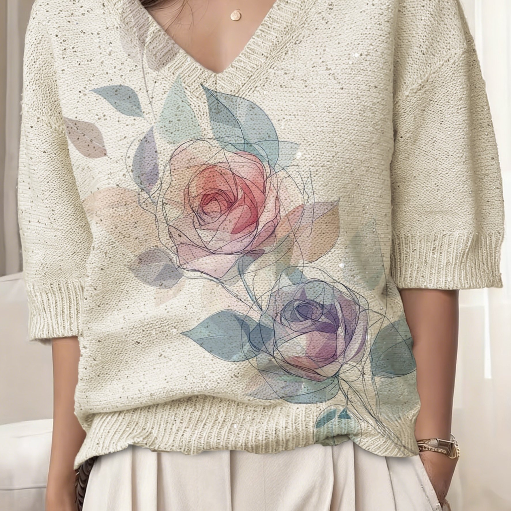TEMU 2d Digital Printing Women's Pullover, Fashionable Casual Daily Sequin Comfortable Sweater