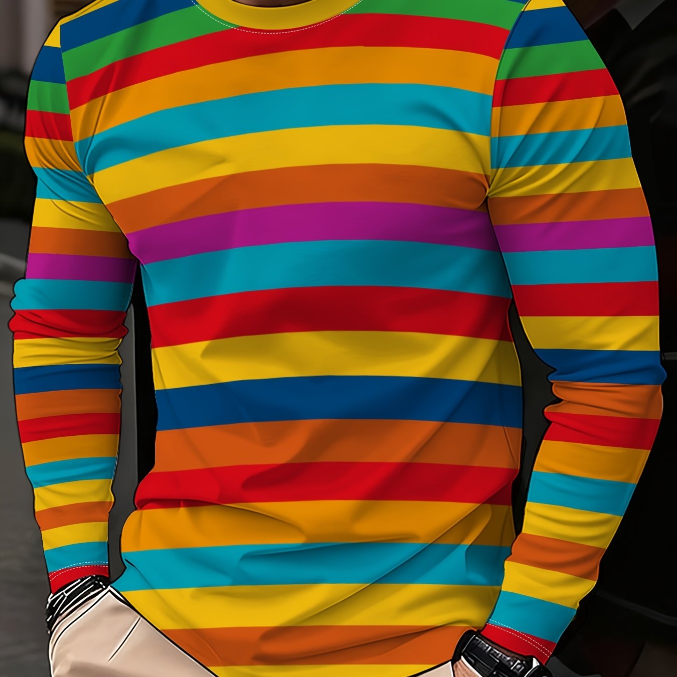 TEMU Men's Casual Autumn/winter Printed Long-sleeve Crew Neck T-shirt, Colorful Striped Print, Suitable For Outdoor Work And Leisure