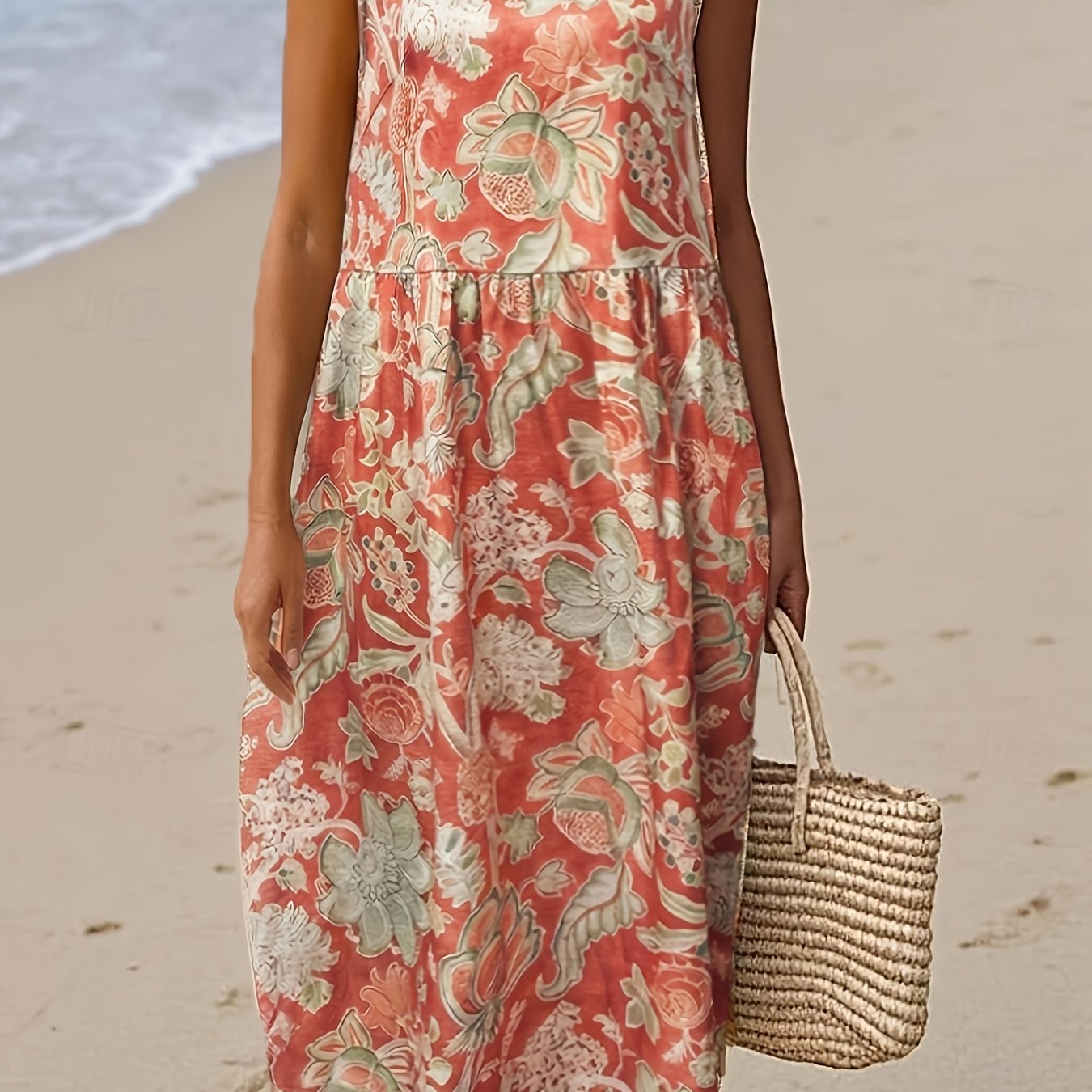 E-shop Unverzichtbar für den Urlaub : Ärmelloses Kleid mit Allover-Druck, Rundhalsausschnitt, lockere Passform, Midi-Länge, Stoff, langes Kleid im