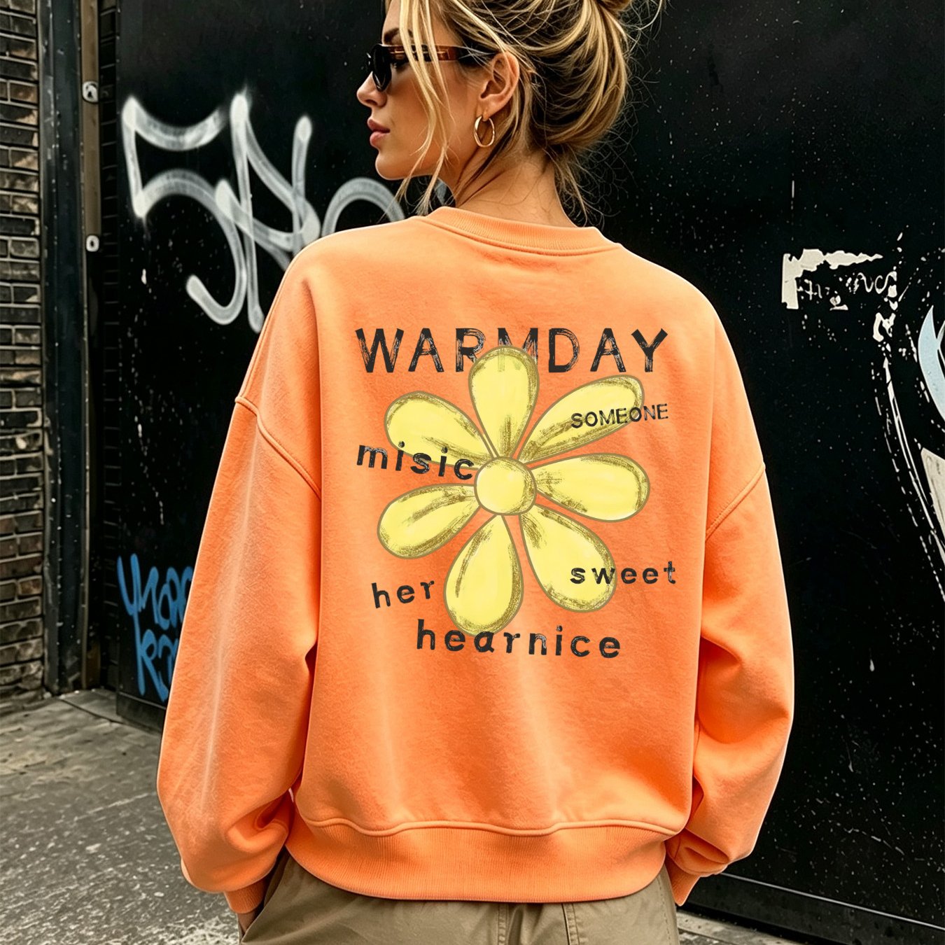 Image of Autumn Women's Fashionable Ribbed Crewneck Sweatshirt With Yellow Floral Print And Text Decor, Street Style For Fall Winter, Loose Drop Shoulder Long Sleeve Pullover Top