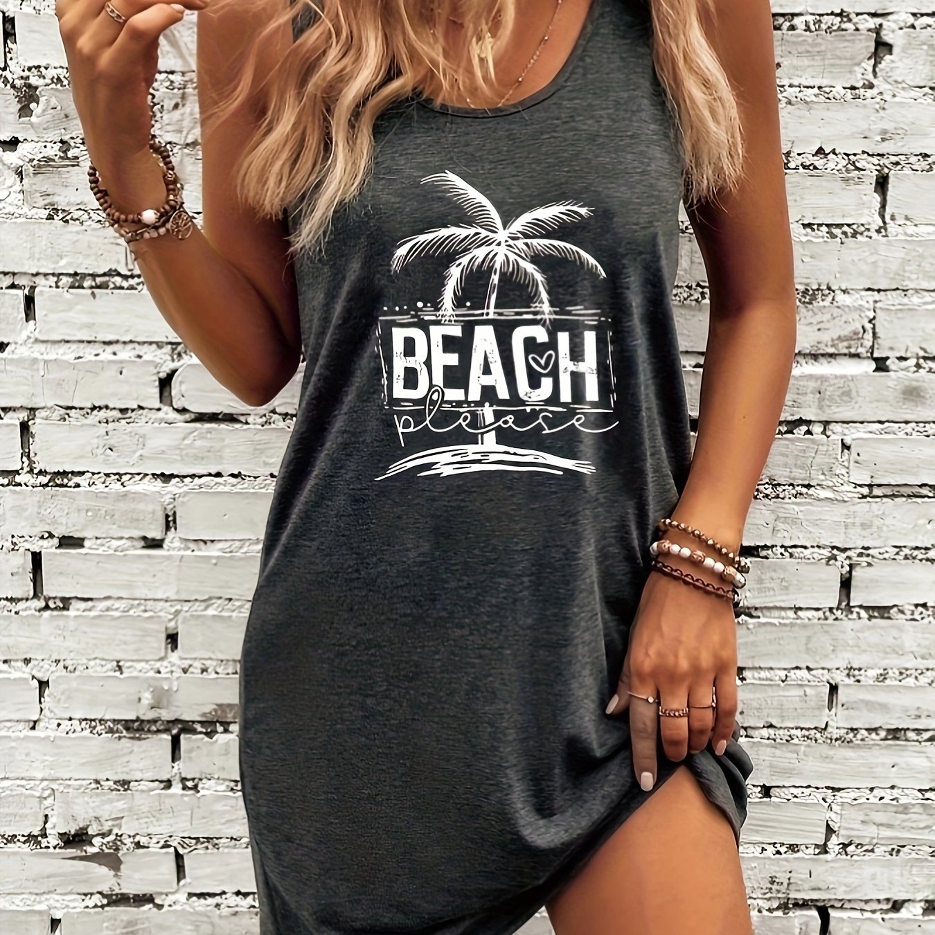 TEMU Robe tunique en jersey de style vacances avec imprimé alphabet de plage, col rond, poche, printemps/été/automne, adulte