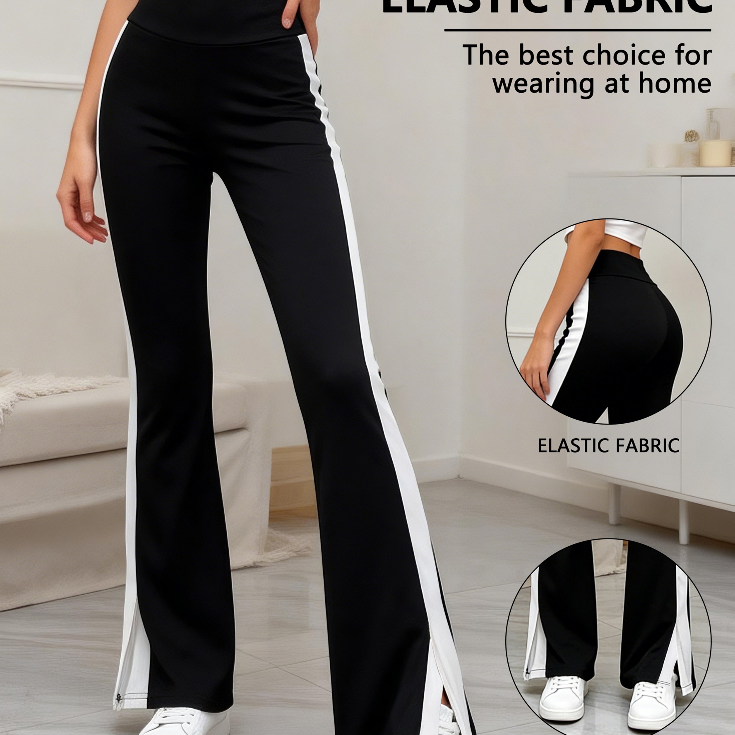 TEMU Women's Elegant Casual Loungewear Pants, High-waist Flared Trousers With Comfortable And Soft Fabric, Slim-fit Stretch Side Stripe Slit Casual