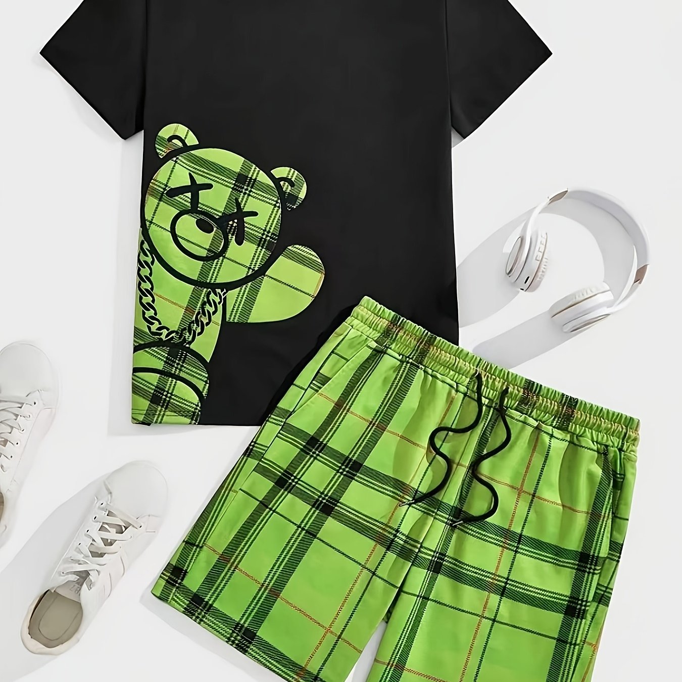 E-shop 2er-Set Herren Pyjama mit Bären-Print Kurzarm-T-Shirt und karierten Shorts, bequem und hautfreundlich, bequeme Herren-Loungewear