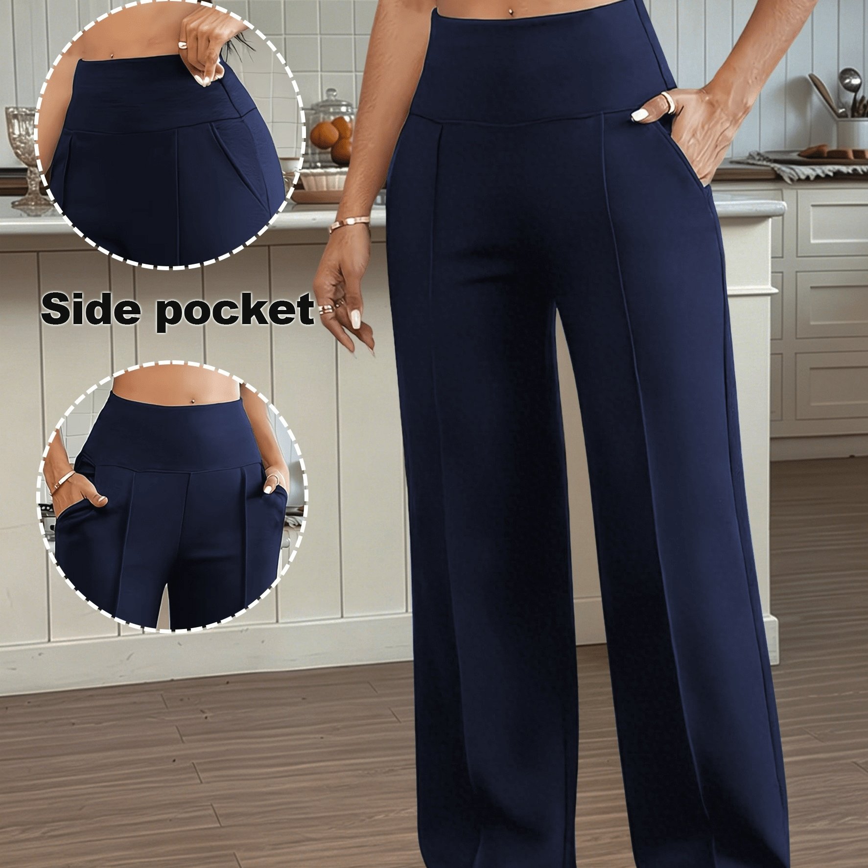 TEMU Plus Size, Plus Size Women's High-waist Tummy Control Wide-leg Pants - Wide-leg Joggers With Pockets, Tummy Control Straight-leg Trousers
