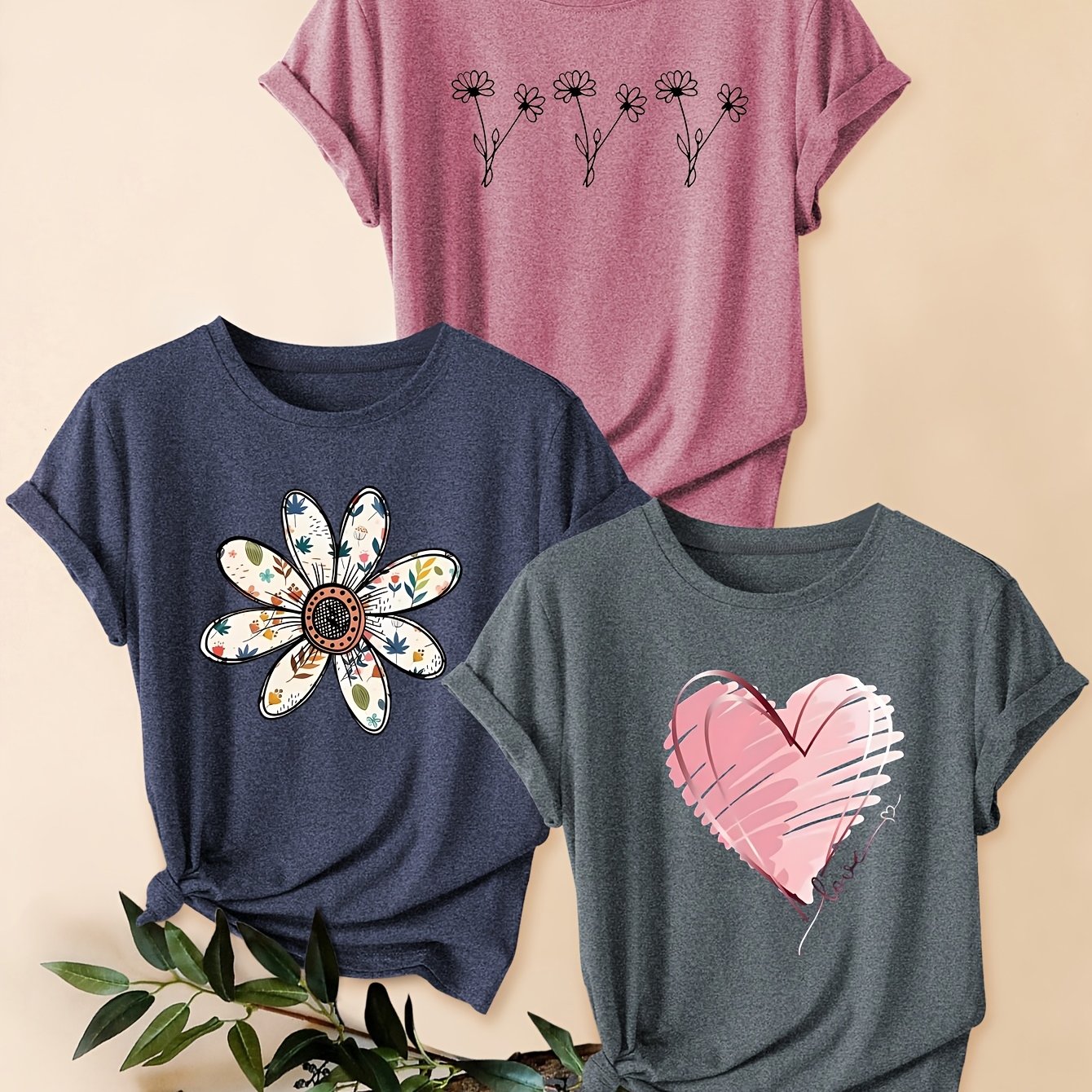 TEMU Three-pack Women's Casual Sporty Style Vintage Fashion Round Neck Short Sleeve T-shirt With Heart And Floral Print