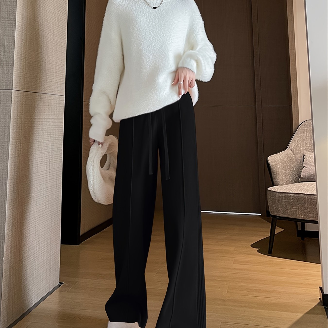 TEMU Thickened Knitted Pants For Women's Autumn And Winter 2024 New High Waisted Hanging Straight Leg Casual Floor Dragging Wide Leg Pants