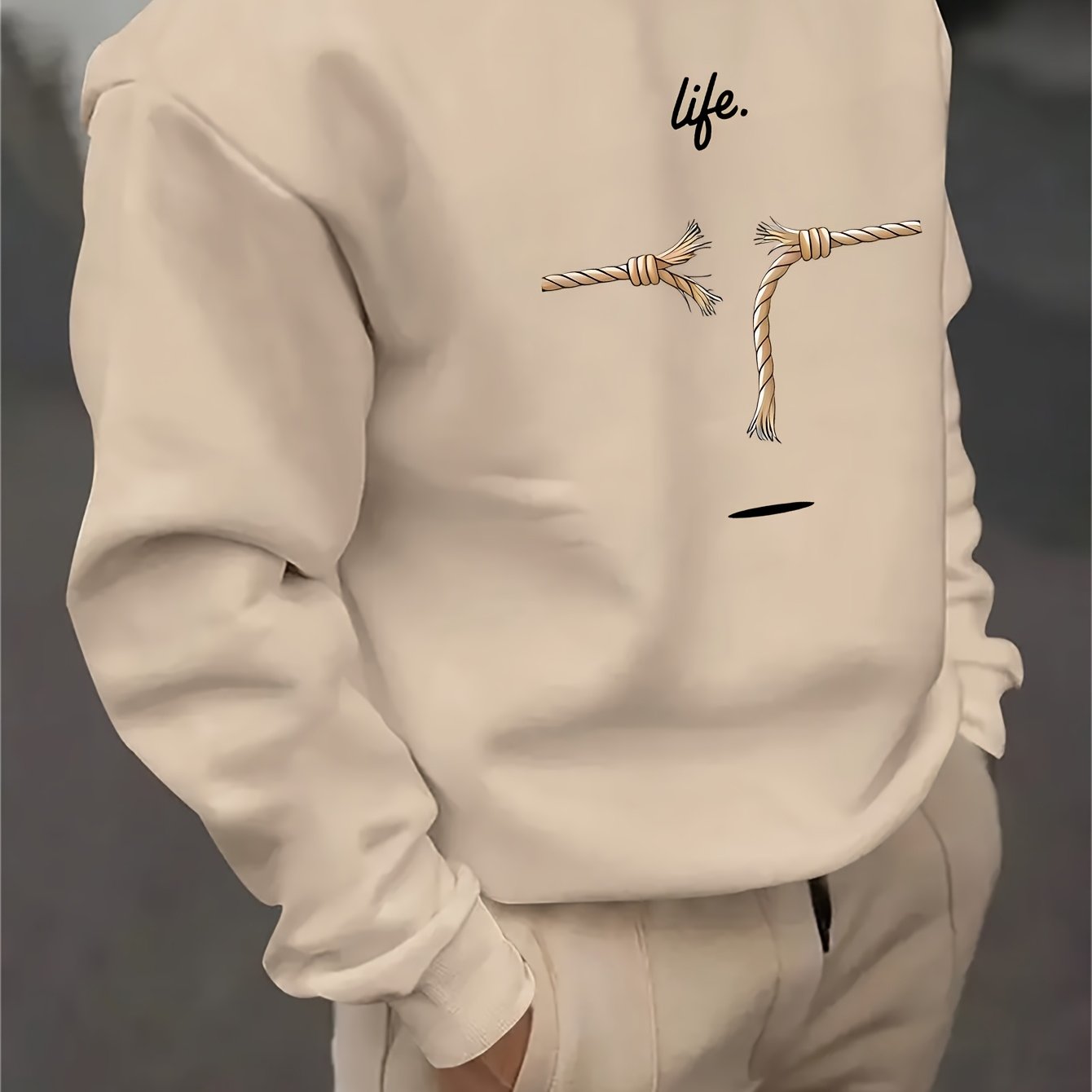 TEMU Sudadera minimalista para hombre con estampado de cuerda de cáñamo, corte holgado, larga y cuello , lavable a máquina, diseño casual y para uso