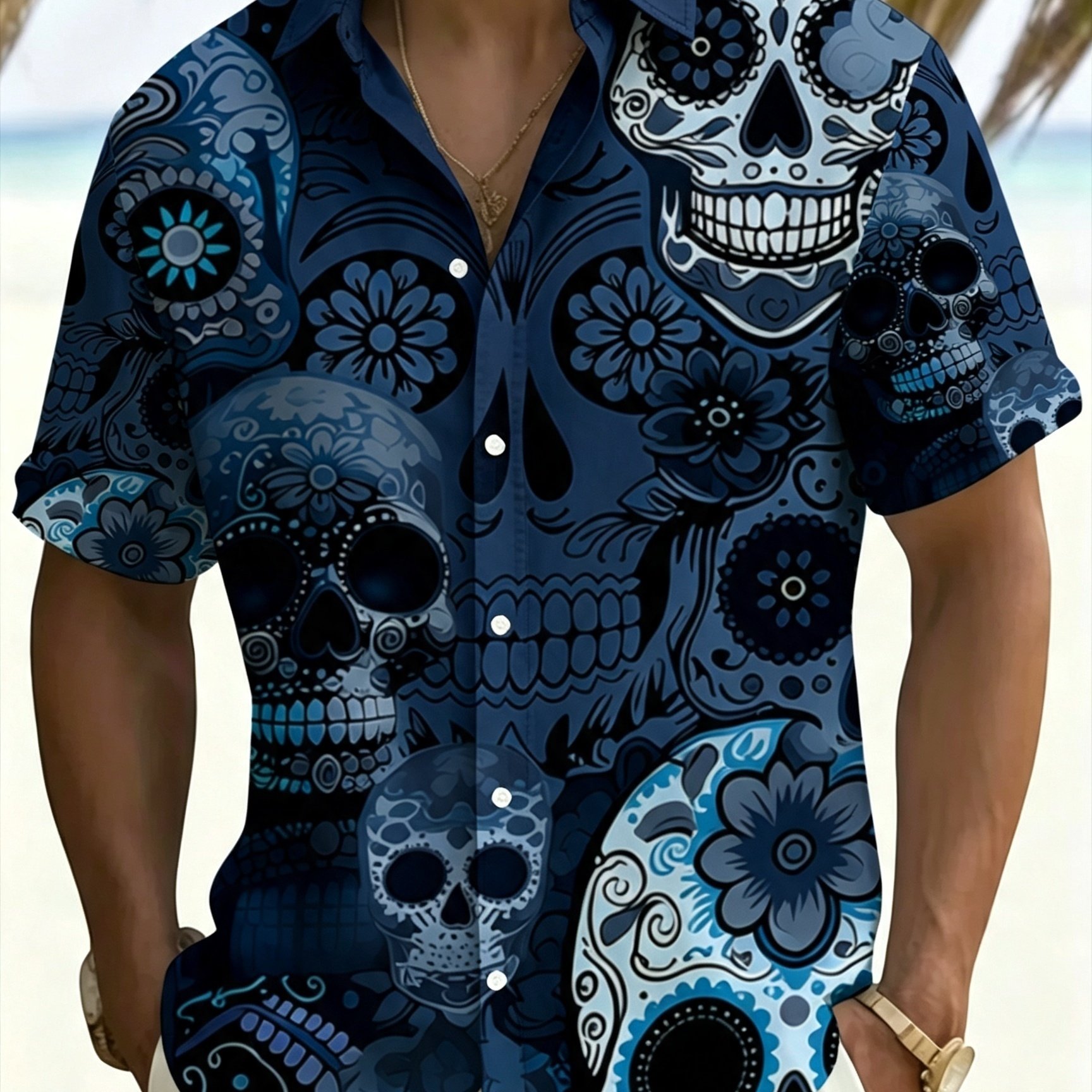 TEMU Men's Blue Skull Print Short Sleeve Shirt, Summer Casual Beach Shirt, Tropical Style , Plus Size