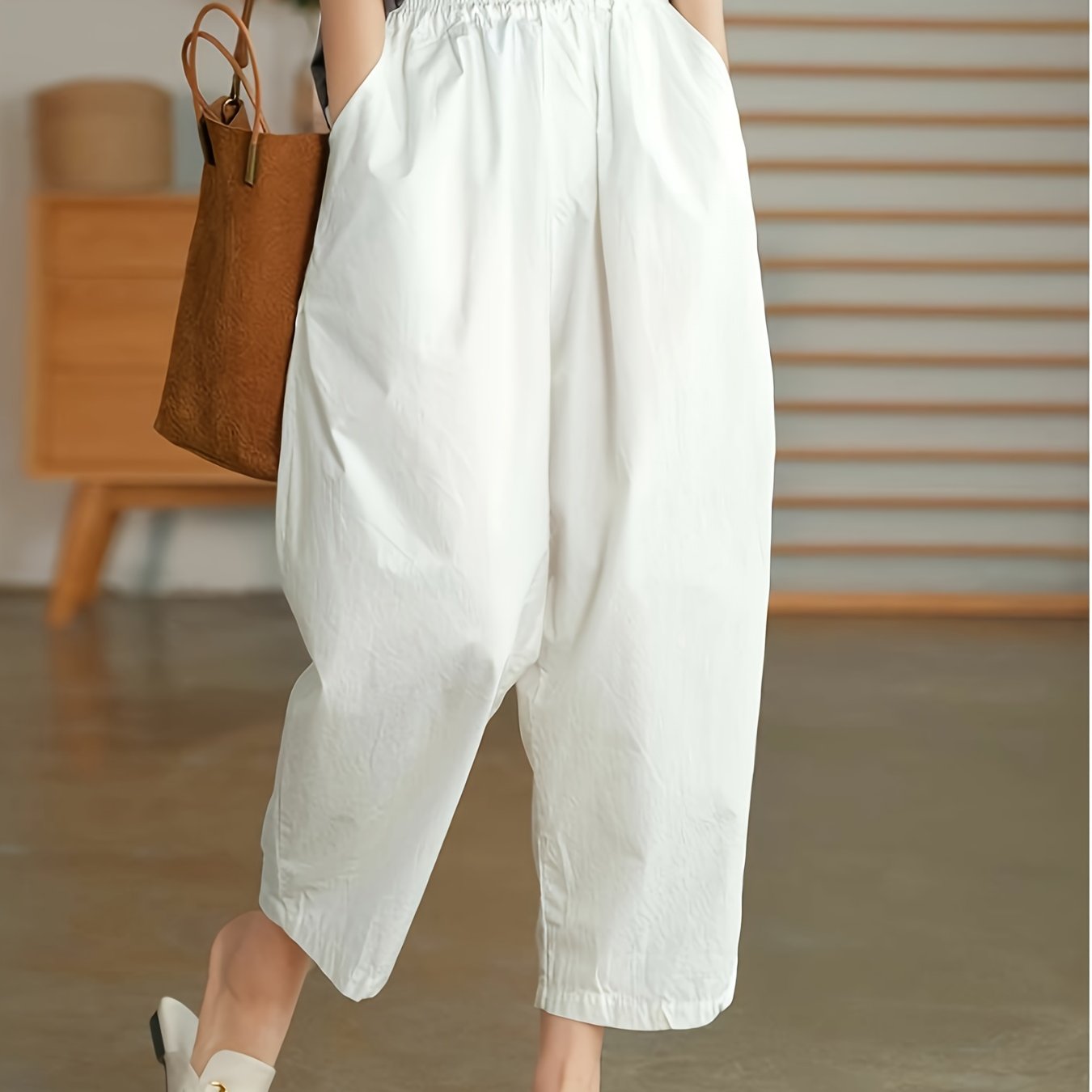 TEMU Women' Color Capri Pants For Shopping, Casual, And Vacation With Pockets And Elastic Waist