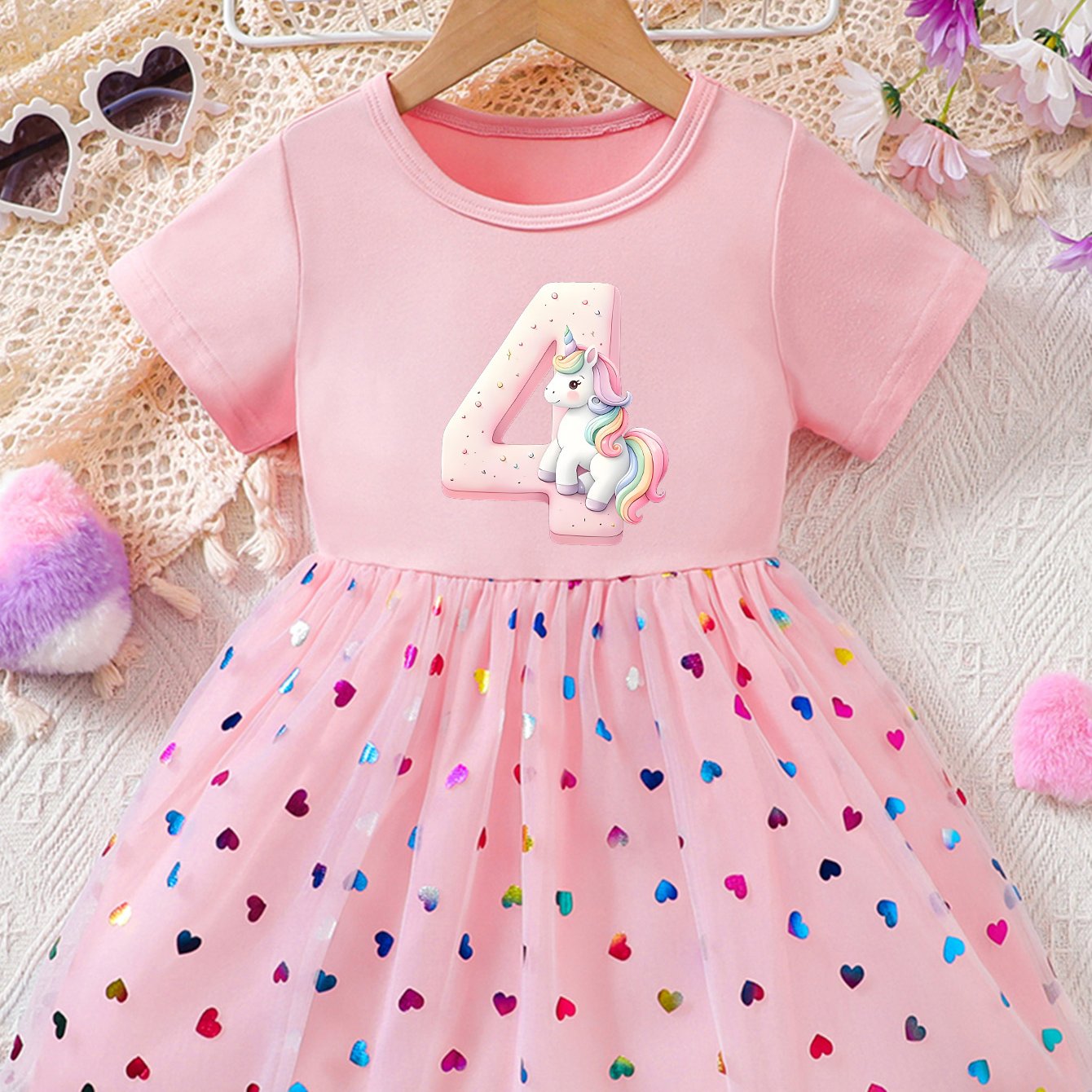 TEMU Four-year-old Colorful Unicorn Themed Print, Girls' Fashion Summer Sequin Heart Mesh Short Sleeve Dress