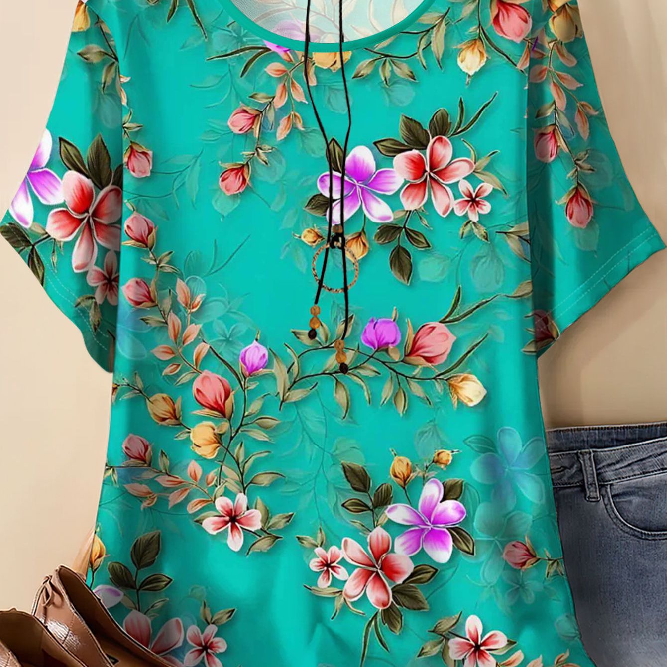 TEMU Women's Plus Size Spring/summer New Floral Print Short Sleeve Top, Loose Size Printed T-shirt, Ethnic Style Casual Fashion Shirt