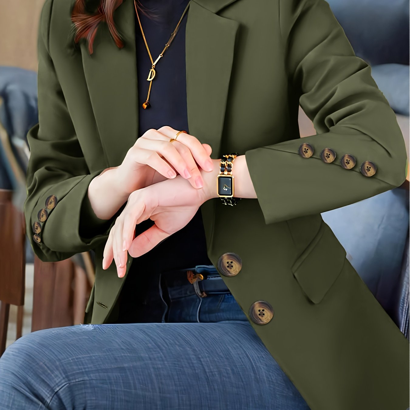 TEMU Women's Casual Blazer, Mid-length Jacket, New Elegant Suit Lapel, Autumn Single-breasted Temperament Style, Fashionable Cufflinks, High-end Feel
