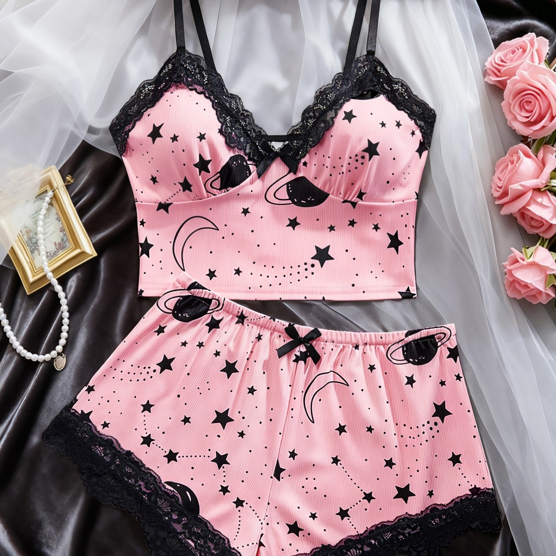 TEMU 2pcs Elegant V-neck Lace Women's Pajamas, Cute Printed Bow Camisole And Shorts Soft Comfortable Sleepwear