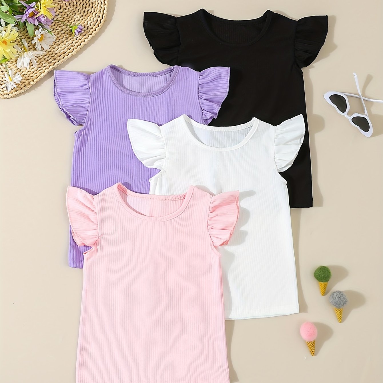 4pcs Girls' Short Sleeve Puff Sleeve Easy Versatile Top