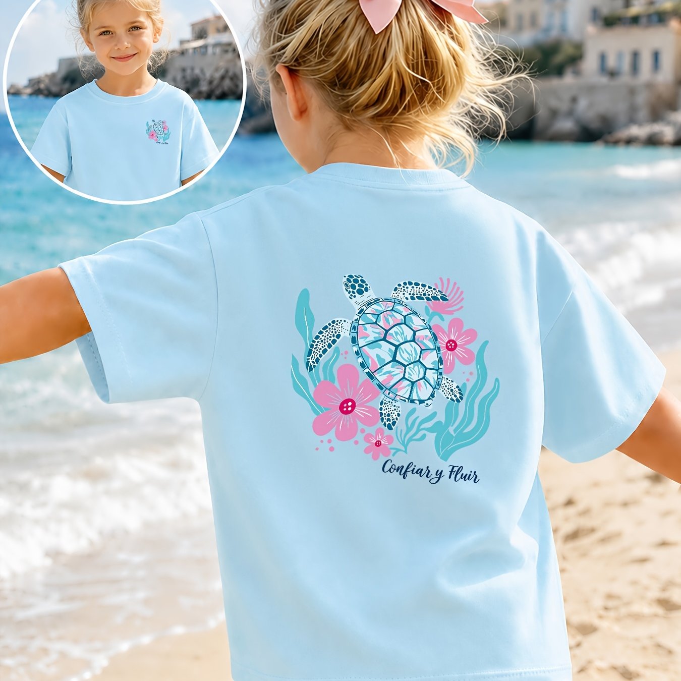 Image of Girls' Sea Turtle & -shirt - Hand-painted Ocean , Breathable Round Neck Top Suitable For Spring/summer, Casual Beachwear For, & Everyday Outfits - Non- & Style