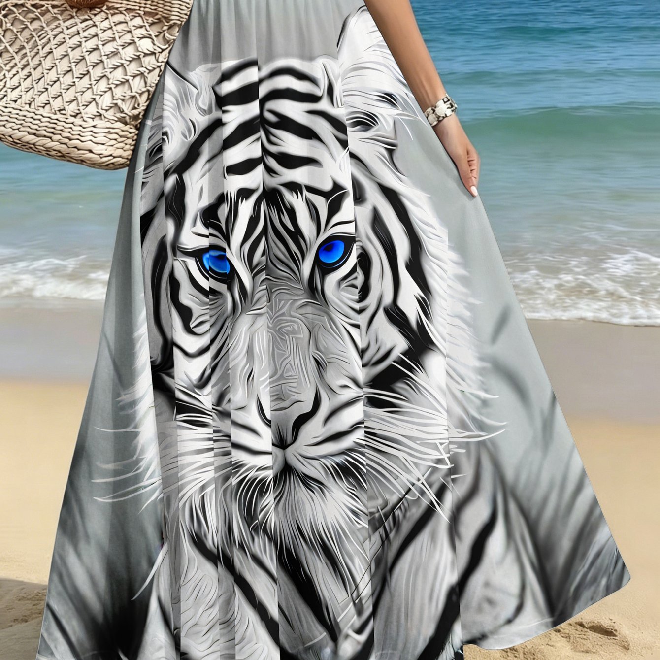 TEMU Plus Size Women's Elegant Fashion Skirt, Casual Printed Midi Dress, White Eye Jungle Print, Commute/casual/date/party/beach Women's Skirt,