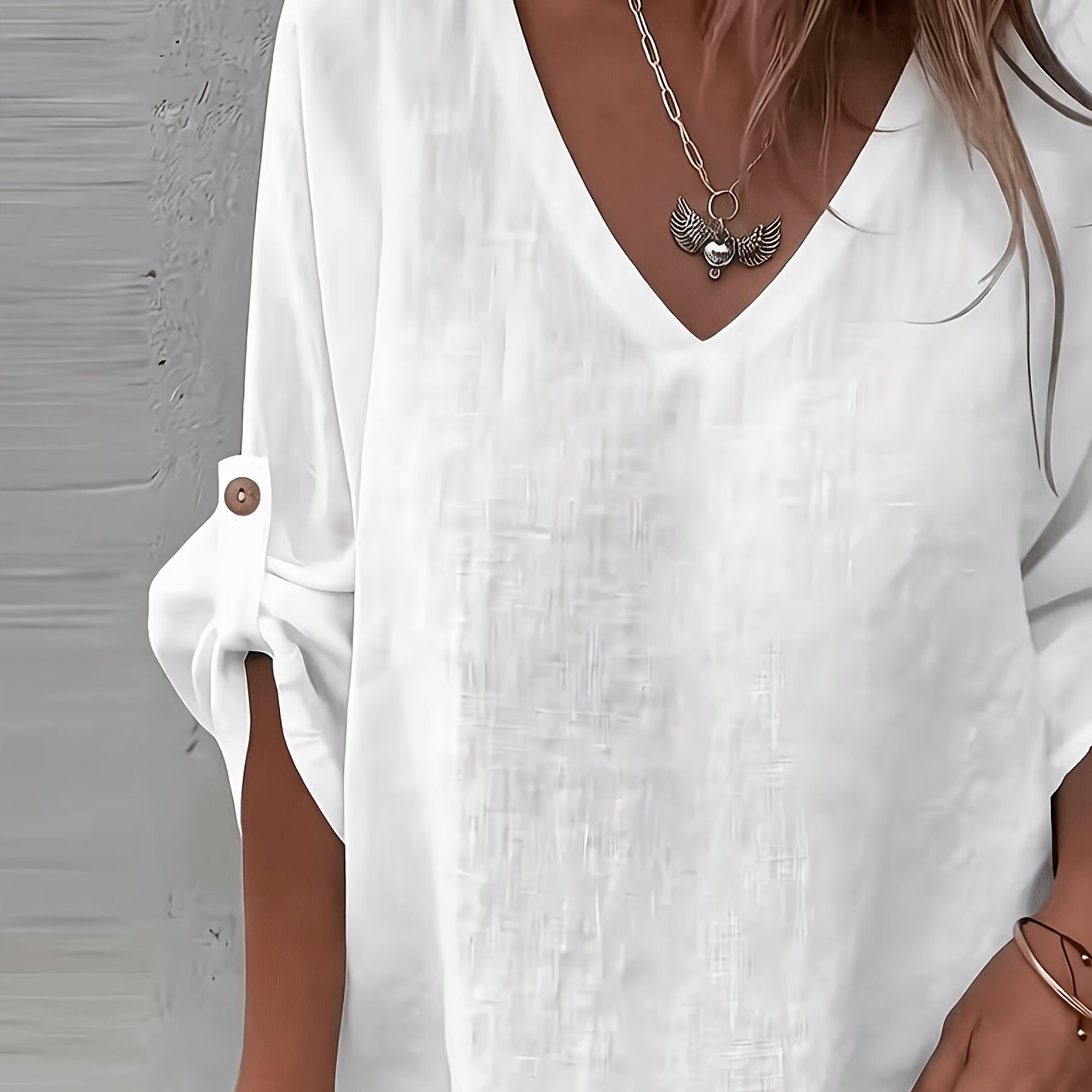 E-shop Plus Size - Plus Size - Damen Plus Size Frischer Urlaubsstil V-Ausschnitt Top, Locker Geschnittenes Langarmshirt, Pendler , Und Drape,