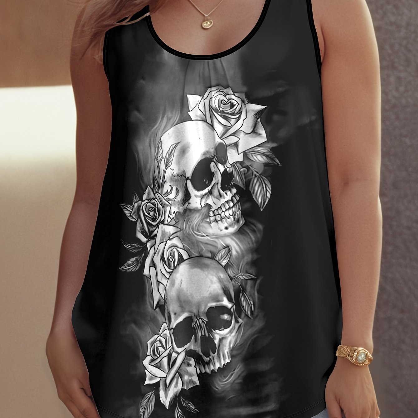 TEMU Plus Size - Plus Size - Plus Size Women's Tank Top With Skull And Rose Print, Loose-fitting And Sleeveless For Summer, Perfect For Covering Up