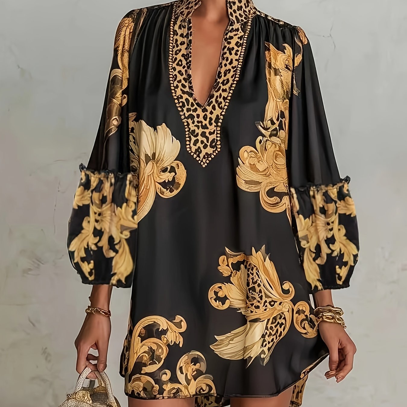 TEMU Elegant And Fashionable Vintage Print V-neck Mini Dress For Women