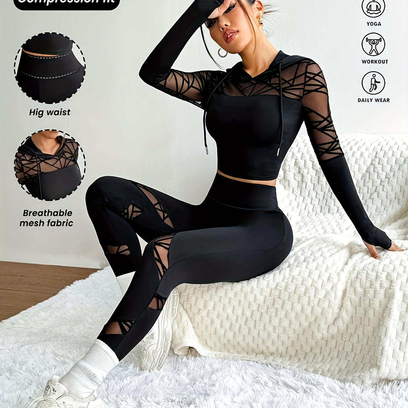TEMU 2pcs Women's Sports Yoga Set, Mesh Panel Hooded Top & Mesh Panel Leggings, Breathable Quick-dry, For Yoga, Fitness, Dance, And Casual Attire