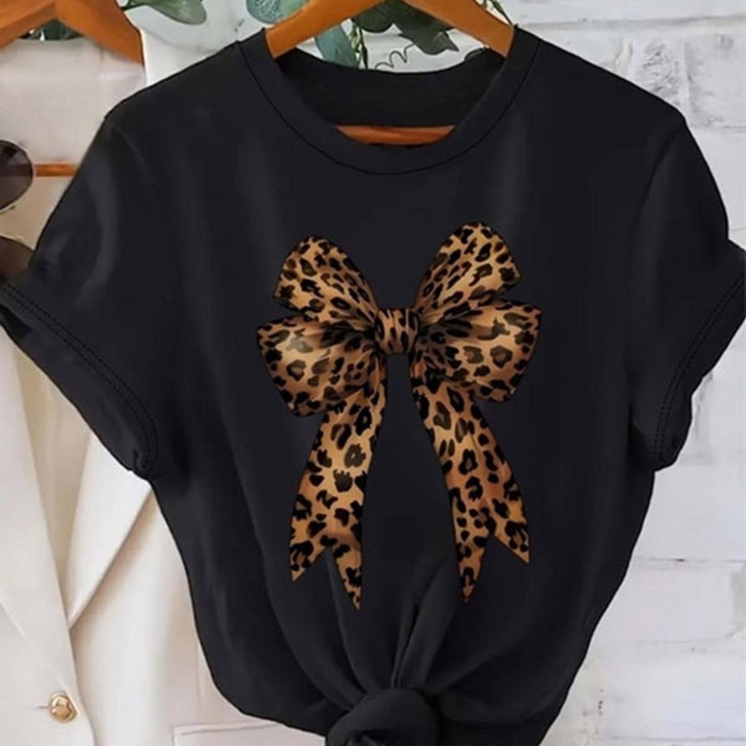 TEMU Women's Black Short Sleeve T-shirt With Leopard Print Bow Front Design, Polyester Material, Multiple Specifications , Comfortable Casual Top For