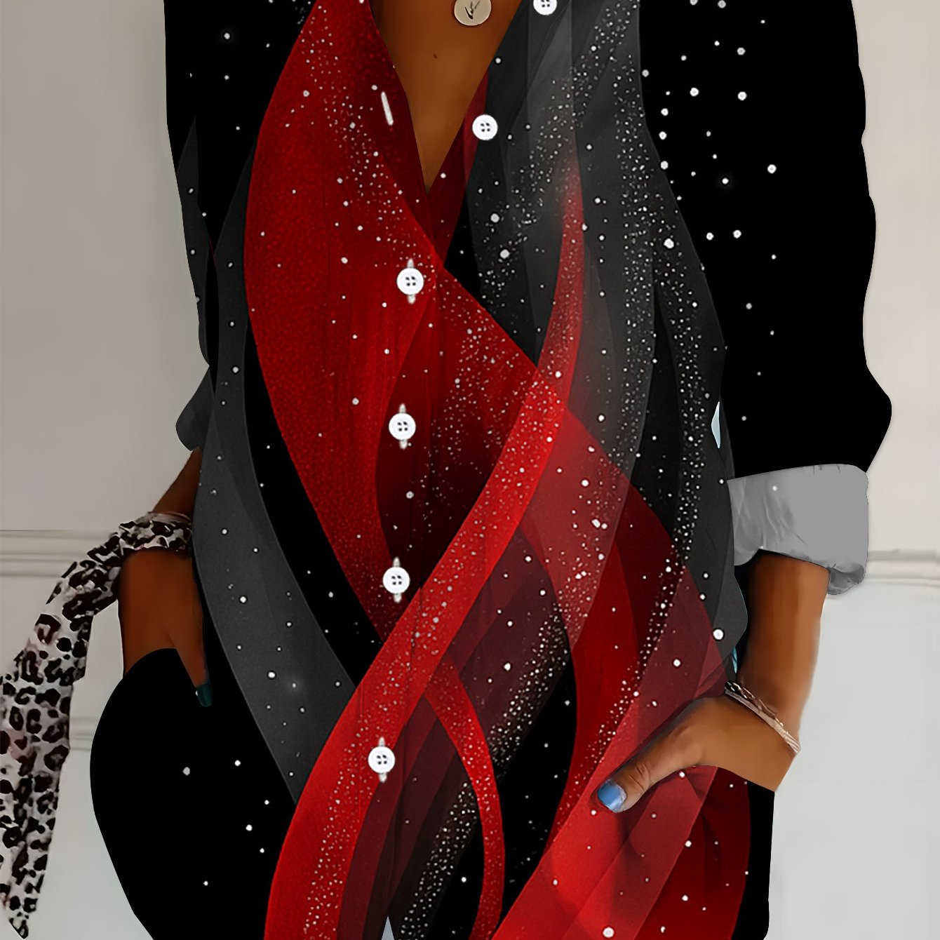 TEMU Plus Size, New Plus Size Women's Long Sleeve Printed Shirt, Versatile And Elegant Shirt For With Red And Black Ribbons, Abstract Style, Loose 's