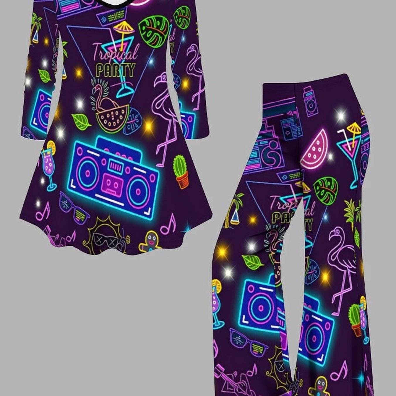 Plus Size, Plus-size Women's 2pcs Set (long Sleeve Top + Flared Pants), Decorated With Trendy Prints. Three-dimensional Tailoring Reshapes And Dynamic Beauty Walk.