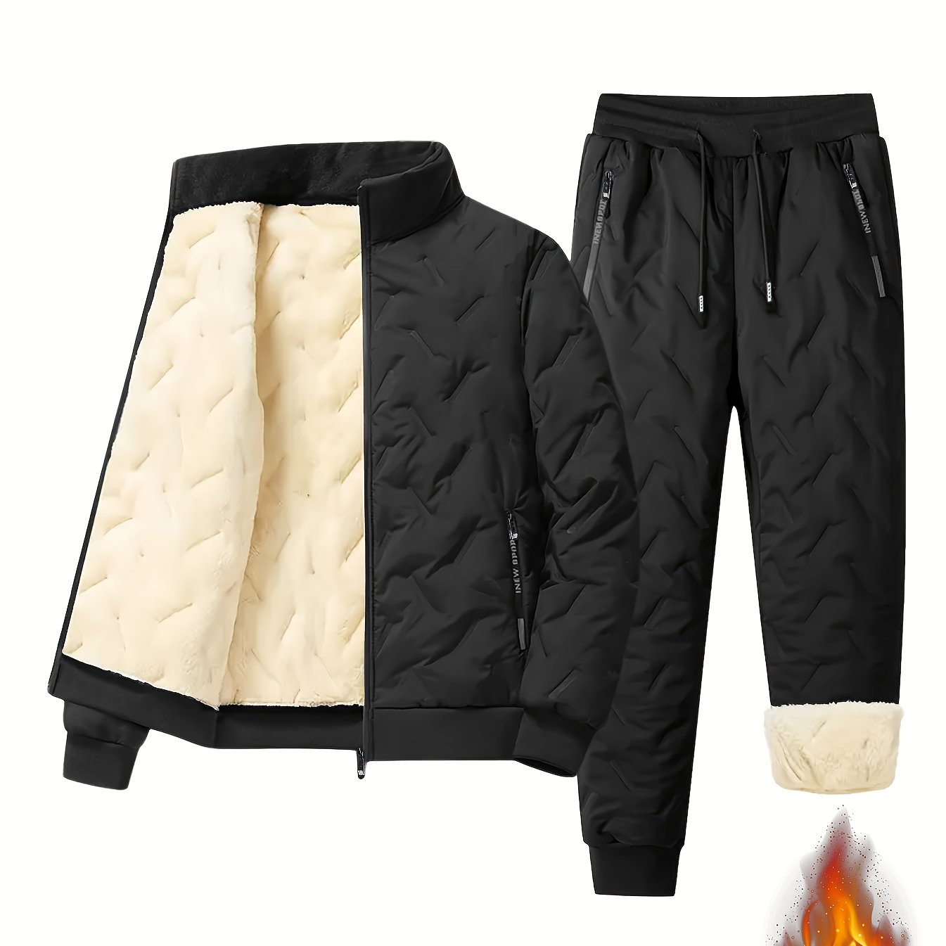 TEMU 2pcs Men's Casual Set Fleece Thickened Men's Jacket And Pants Heavyweight Thick And Bottom Winter Sports Casual Zipper Cardigan Jacket Fleece