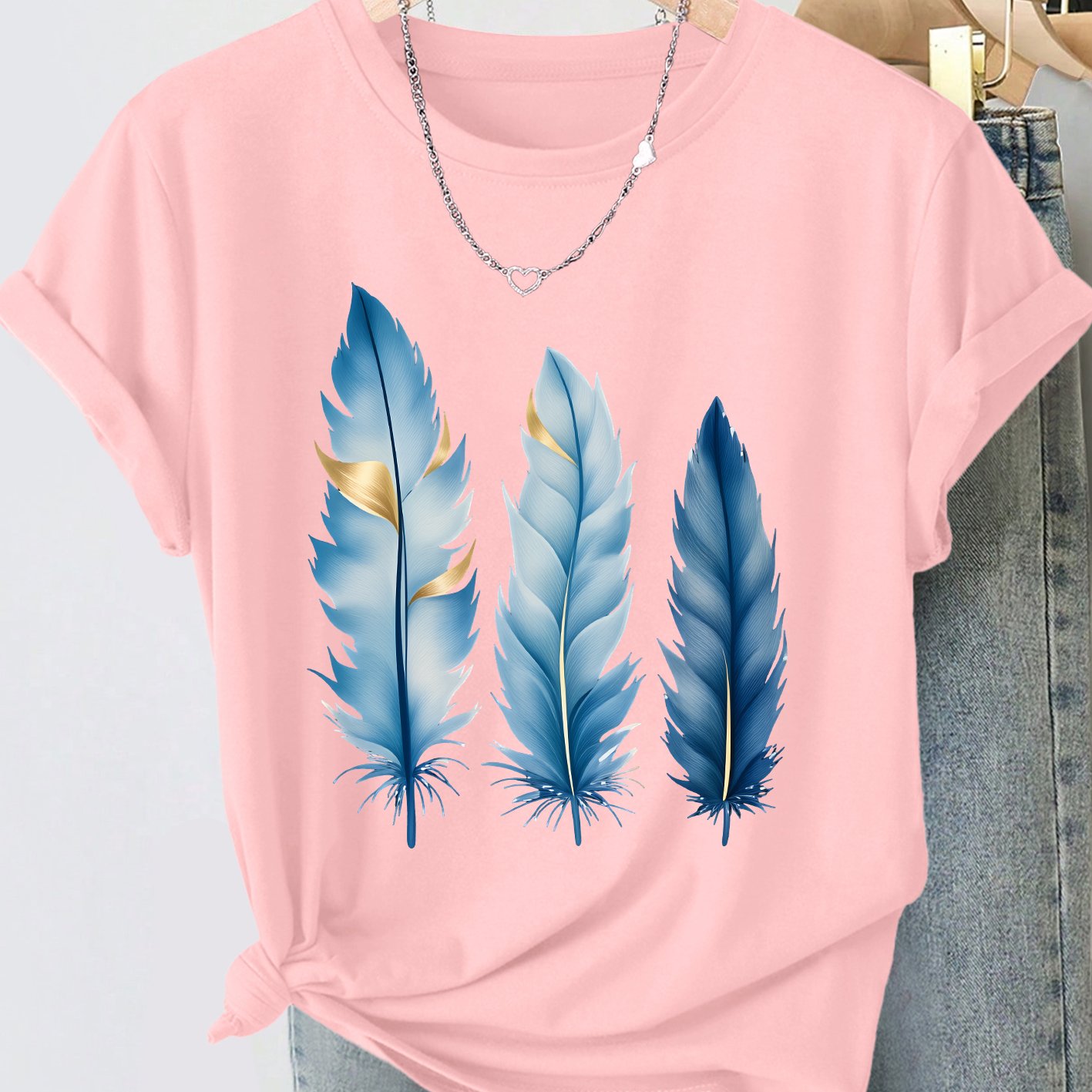 TEMU Women's Summer Clothing, Blue And Golden Gradient Light Luxury Minimalist Style Printed Round Neck Short Sleeve Casual Plus Size T-shirt,