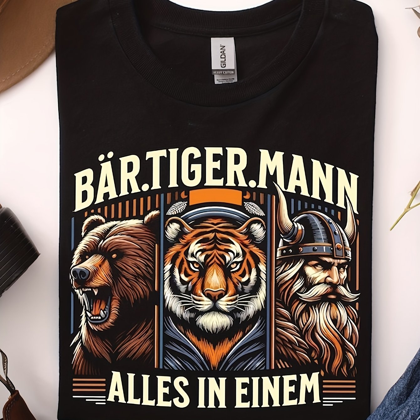 Men' Viking Tiger Bart T-shirt & Beard Accessory - Print Suitable For Beard Lovers, Loose Fit Round Neck Tee, Machine Washable Gift For Wear, Plus Size Viking Apparel, Plus Size