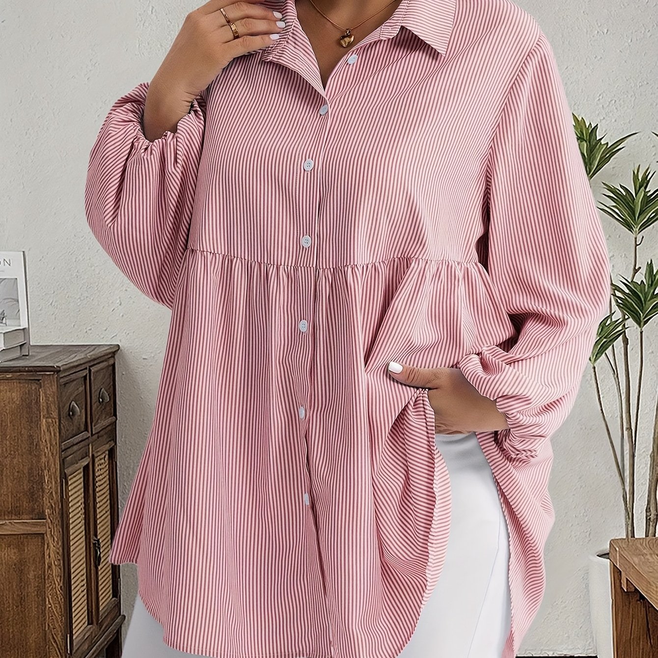 TEMU Plus Size, Plus Size Autumn And Winter Women's Casual Striped Lantern Sleeve Shirt